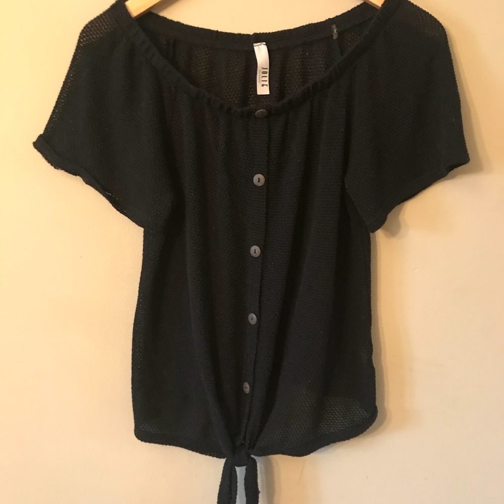 Black Waffle-Knit Off-the-Shoulder Top